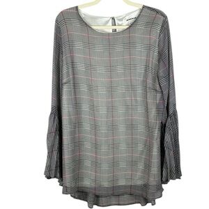 Peter Nygard Gray Plaid White Inner Lining Angel Pleated Sleeve Large Blouse